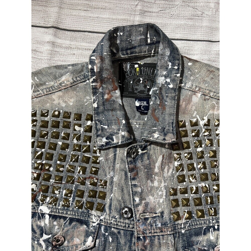 Y2k Ecko Unlimited Trucker Denim Vest Moto 90s Paint Splatter Grunge - Picture 10 of 11